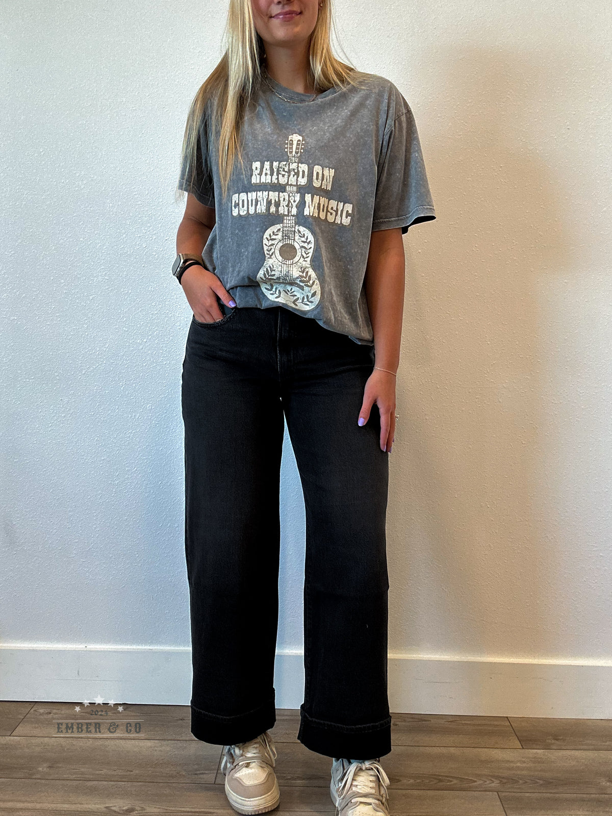 Black Wide Leg Cuffed Denim