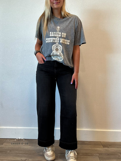 Black Wide Leg Cuffed Denim
