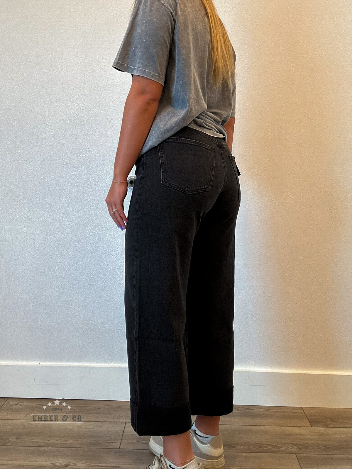 Black Wide Leg Cuffed Denim