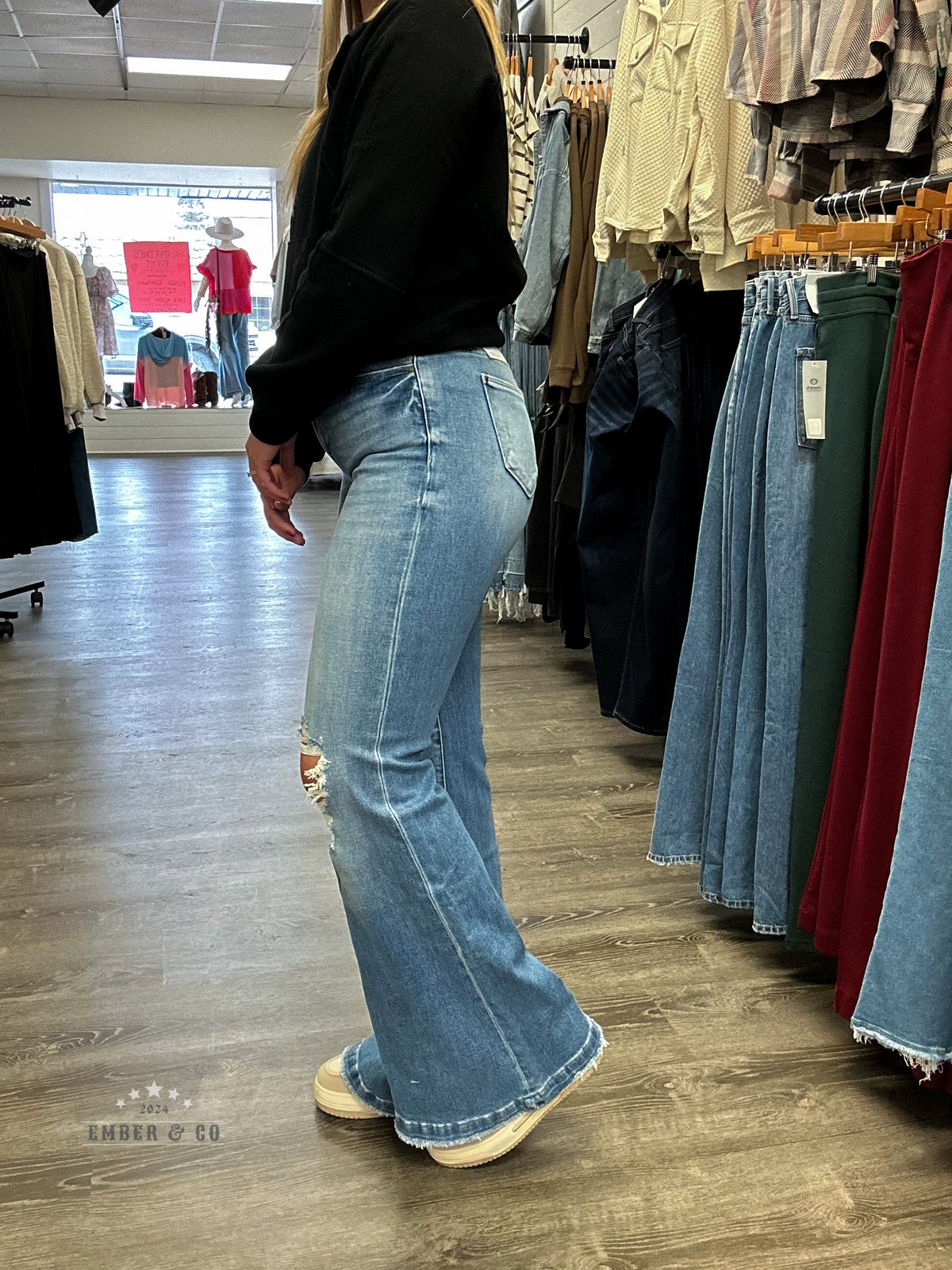 Distressed High Rise Straight Flare Denim
