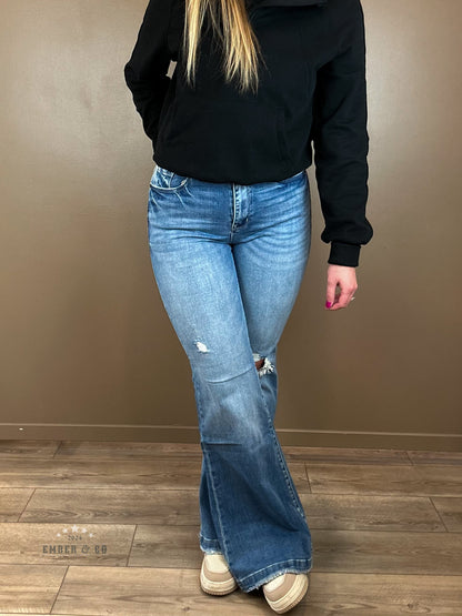 Distressed High Rise Straight Flare Denim