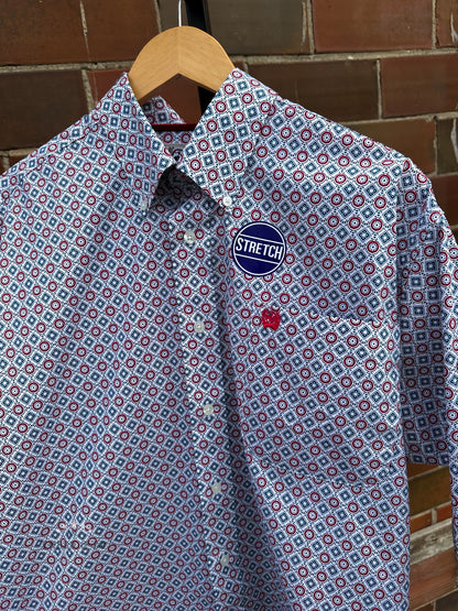 Men's Cinch White Geo Print Button LS