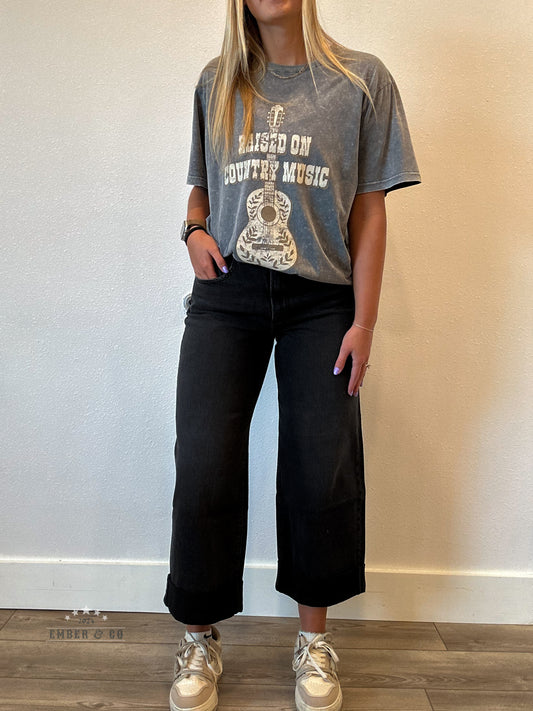 Black Wide Leg Cuffed Denim
