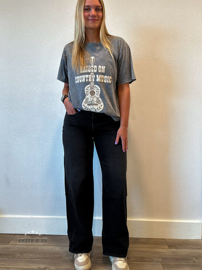 Black Wide Leg Cuffed Denim
