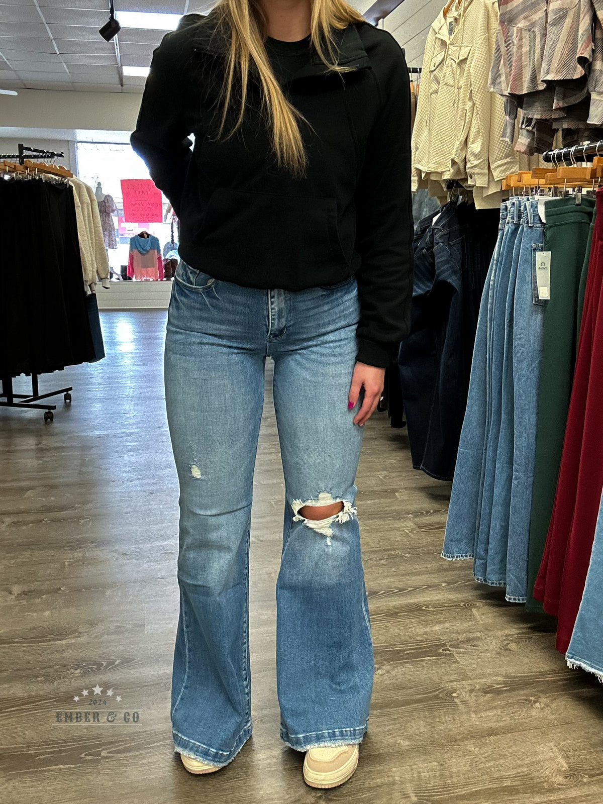 Distressed High Rise Straight Flare Denim