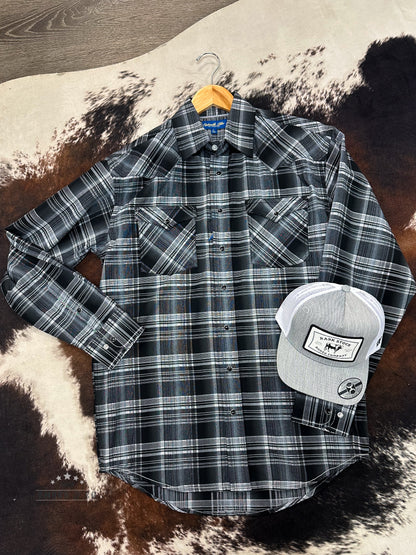 Men's Black Ice Plaid Pearl Snap