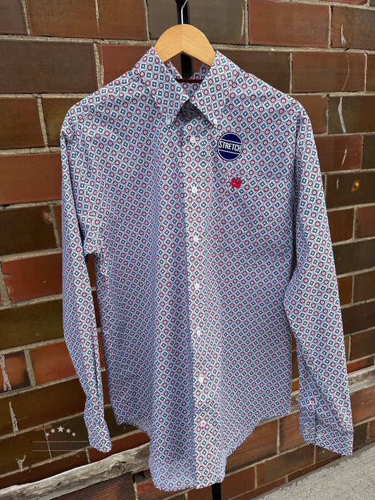 Men's Cinch White Geo Print Button LS